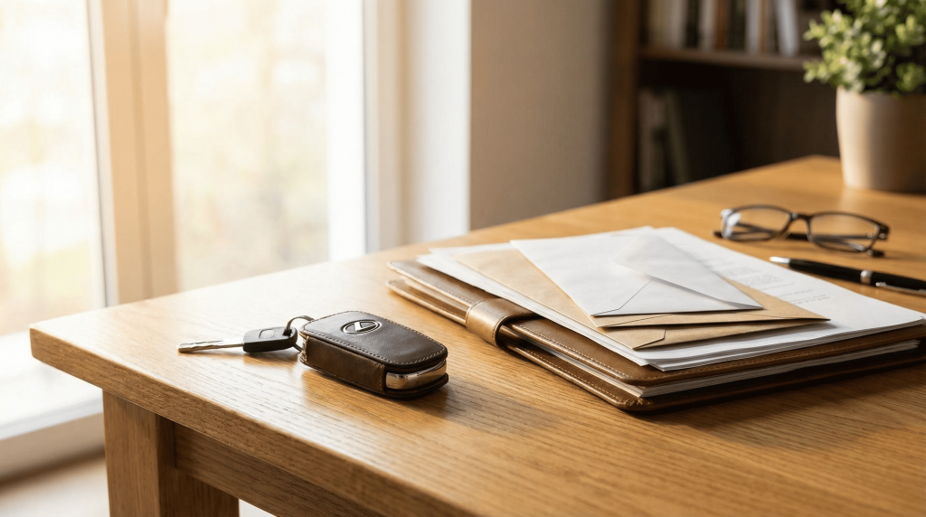 Автомобильные ключи и документы на столе перед продажей машины