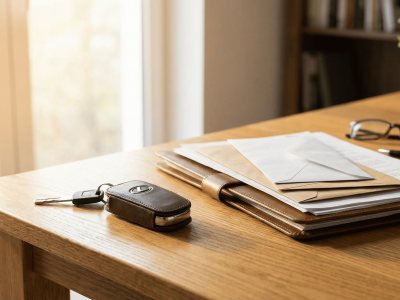Автомобильные ключи и документы на столе перед продажей машины