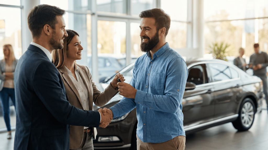 Рукопожатие при продаже автомобиля и передача ключей новому владельцу