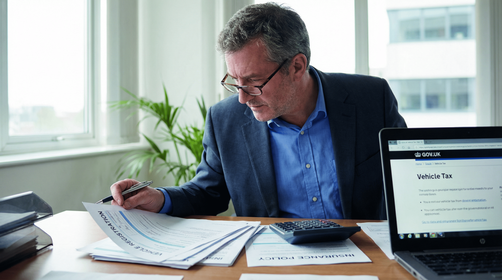 Мужчина рассчитывает налог с продажи автомобиля за рабочим столом с документами и калькулятором