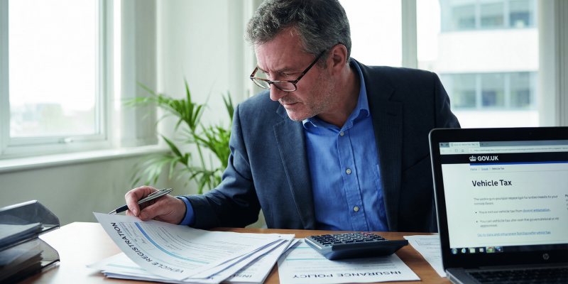 Мужчина рассчитывает налог с продажи автомобиля за рабочим столом с документами и калькулятором