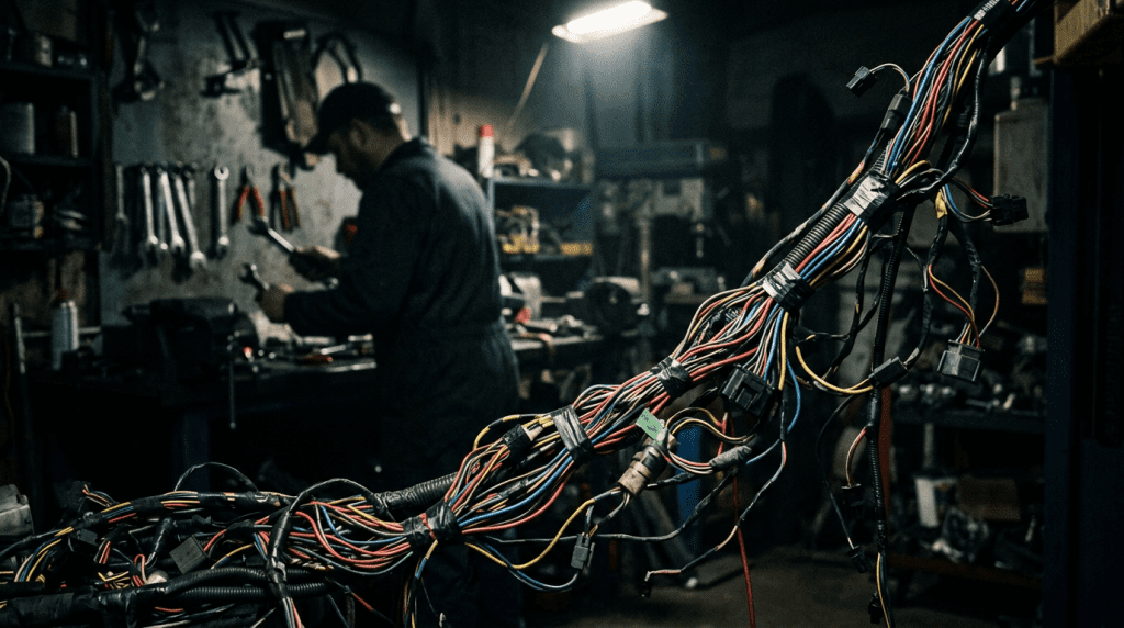 Электрическая коса автомобиля в луче света в тёмном автосервисе