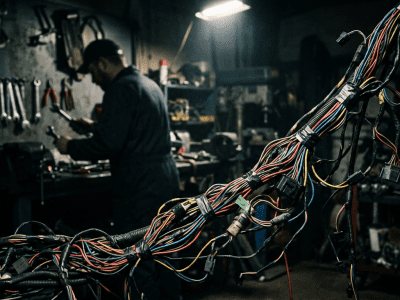Электрическая коса автомобиля в луче света в тёмном автосервисе