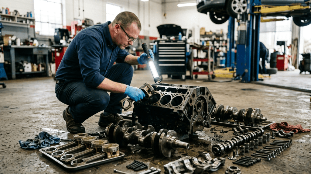 Эксперт с фонариком осматривает разобранный двигатель в мастерской