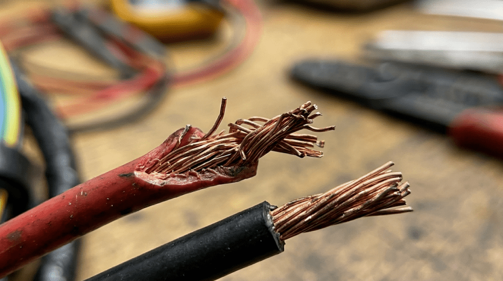 Повреждённый провод в электрической косе рядом с целым проводом