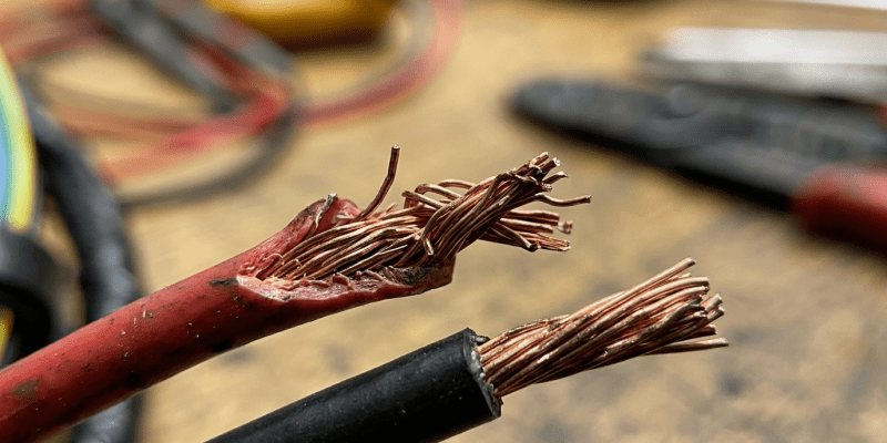Повреждённый провод в электрической косе рядом с целым проводом