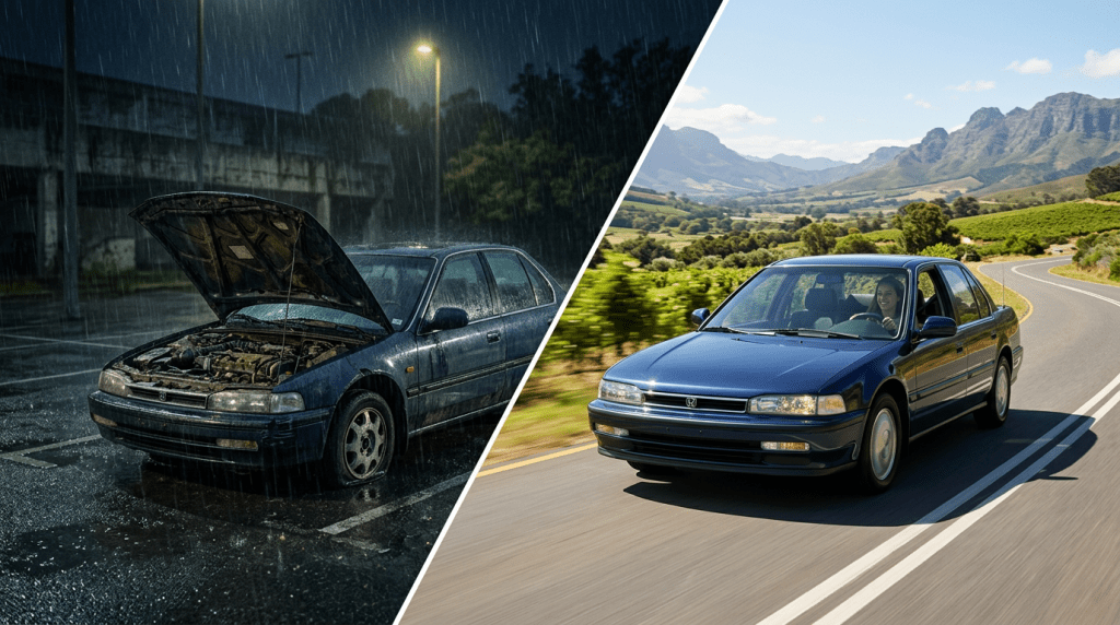 Сломанная машина под дождём и исправный автомобиль на солнечной дороге