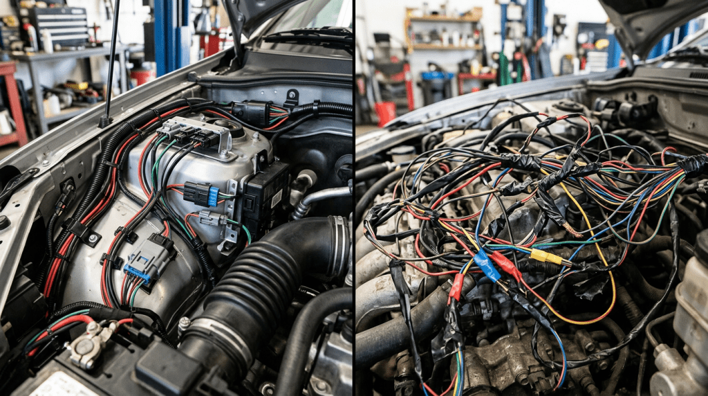 Аккуратная заводская проводка слева и хаотичные самодельные скрутки справа