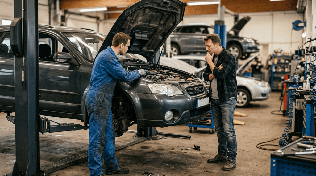 Владелец автомобиля и механик у машины на подъёмнике в автосервисе