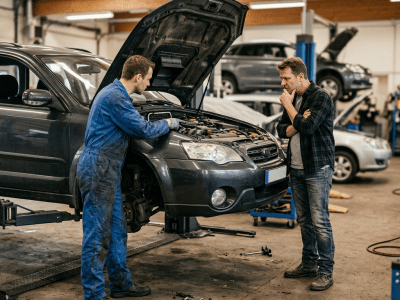 Владелец автомобиля и механик у машины на подъёмнике в автосервисе